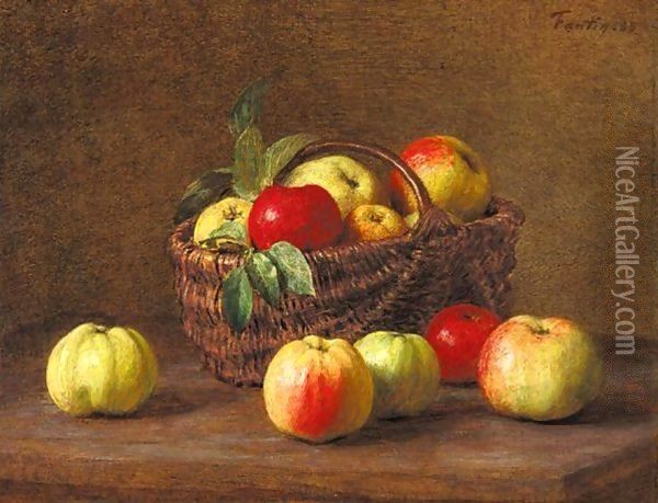Apples in a Basket on a Table Oil Painting - Ignace Henri Jean Fantin-Latour