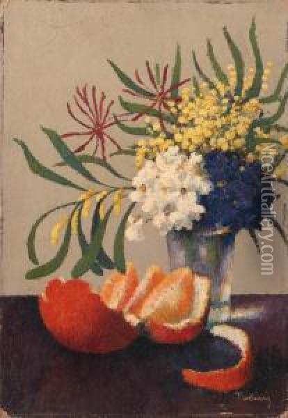 A Still Life With Flowers And An Orange Oil Painting - Felix Elie Tobeen