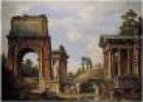 A Capriccio Of Roman Ruins And 
Monuments, Including The Arch Of Titus, The Farnese Flora, The Temples 
Of Saturn, Vespasian And Fortuna Virilis Oil Painting - Giovanni Niccolo Servandoni