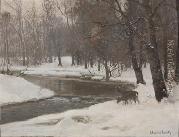 Deer By A Stream In Winter Oil Painting - Anders Andersen-Lundby