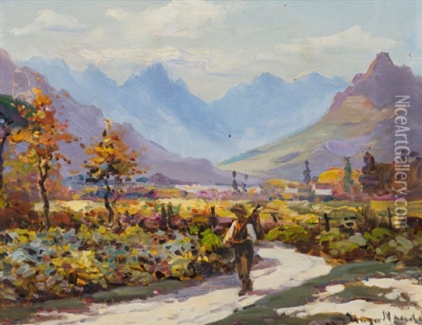 A Figure Walking Down A Mountain Path Oil Painting - Pieter Hugo Naude