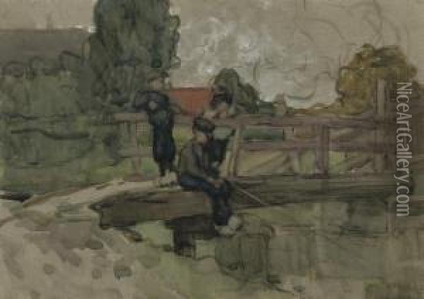 Boys Fishing On A Bridge Oil Painting - Frances Mary Hodgkins