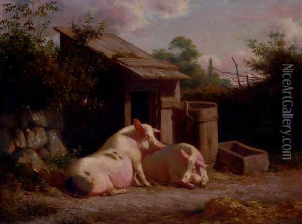 Pigs In A Farmyard Oil Painting - Carl Henrik Bogh