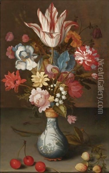 Still Life Of A 'Semper Augustus' Tulip, Irises, A Carnation And Other Flowers In A Wan-Li Vase Oil Painting - Balthasar Van Der Ast