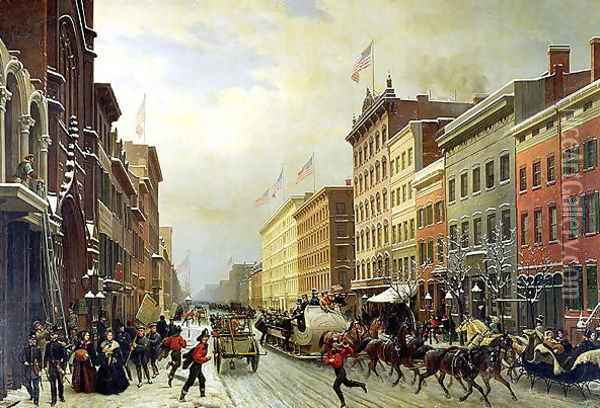 Street Scene in New York Oil Painting - Hyppolyte Victor Valentin Sebron