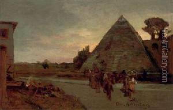Travellers At The Pyramid Of Caius Ceastius, Rome Oil Painting - Oswald Achenbach