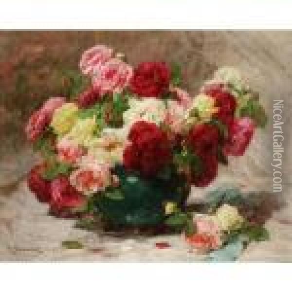 Still Life Of Roses In A Vase Oil Painting - Georges Jeannin