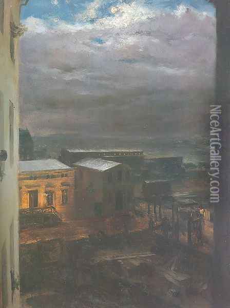 The Anhalter Railway Station by Moonlight 1846 Oil Painting - Adolph von Menzel