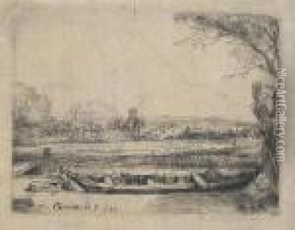 Canal With Large Boat And Bridge Oil Painting - Rembrandt Van Rijn