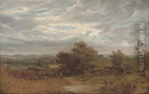 A barn in an extensive landscape Oil Painting - English School
