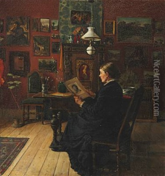 Interior From The Artist's Studio On Rosendalsgade With The Artist's First Wife, Henriette Oil Painting - Karl Johan Vilhelm Madsen