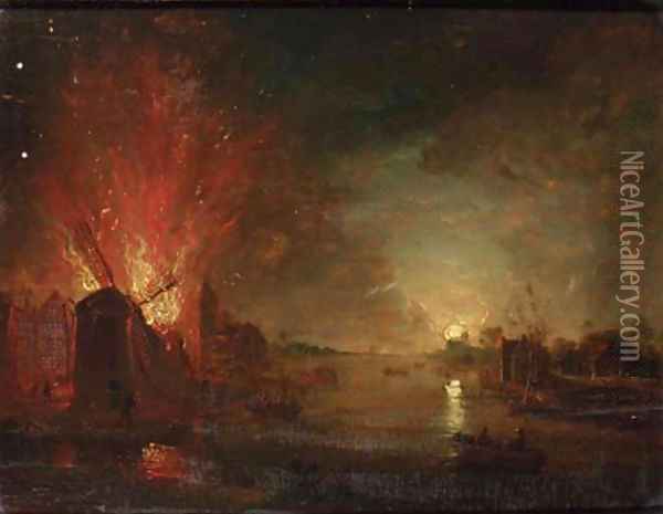 A mill on fire on a riverbank, by moonlight Oil Painting - Aert van der Neer