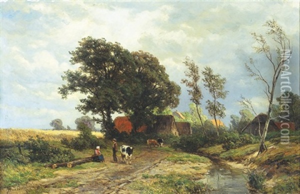 Koeienhoeders Op Een Veldweg Nabij Een Dorp Oil Painting - Jan Willem Van Borselen