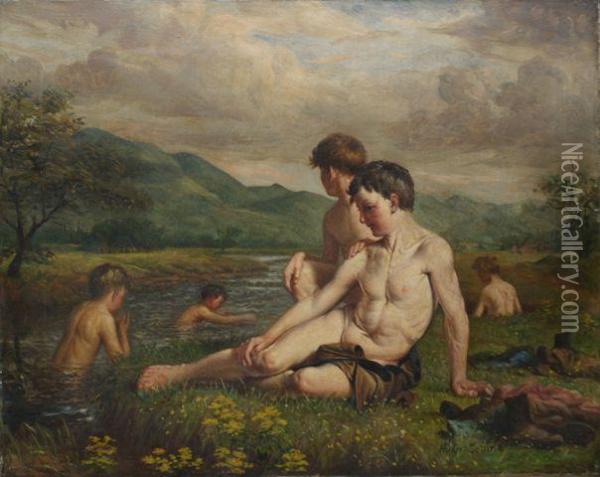 Boys Bathing Oil Painting - Hugh Collins