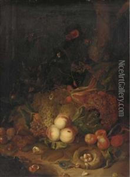 Apples, Pears, Grapes, Corn, 
Pomegranates, A Birds Nest With Eggswith Butterflies, A Lizard And Other
 Insects In A Woodedclearing Oil Painting - Rachel Ruysch