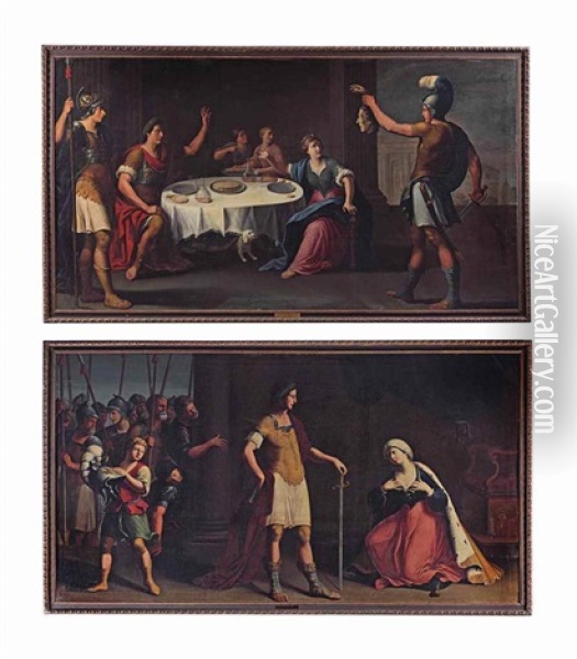 The Head Of Pompey Delivered To Caesar; And Octavius Augustus Caesar Showing Mercy To Cleopatra Oil Painting - Stefano Tofanelli