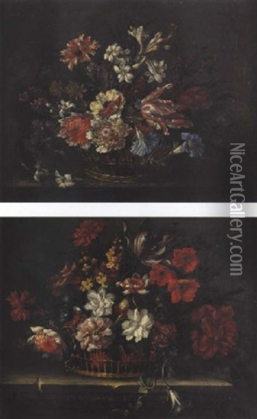 Nature Morte Au Panier De Fleurs Sur Un Entablement Oil Painting - Nicolas Baudesson