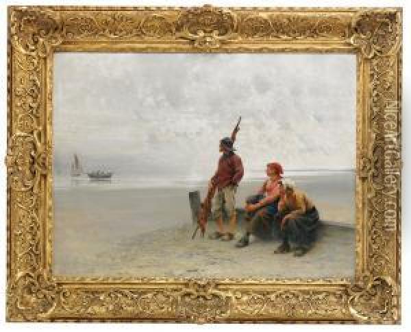 Fiskare Och Musselplockerskor Pa Stranden Oil Painting - August Wilhelm Nikolaus Hagborg