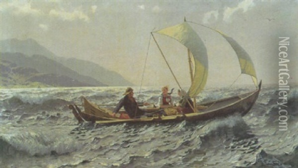 Fischer Mit Zwie Madchen Im Segelboot Auf Dem Fjord Oil Painting - Hans Dahl