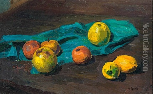 Fruchtestilleben Mit Blauem Tuch Oil Painting - Walter Sperling