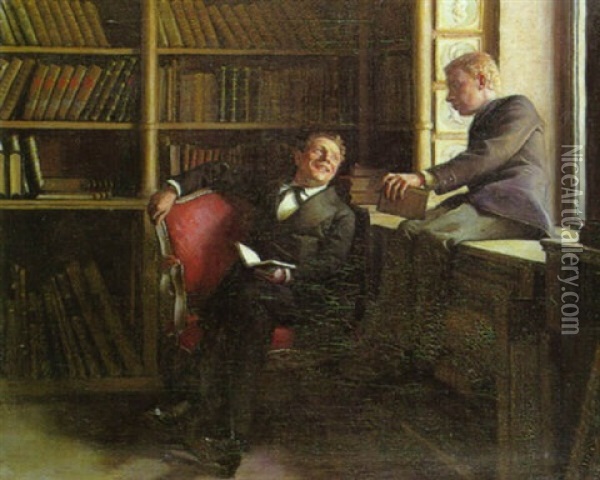 Samtale I Biblioteket Oil Painting - Peter Vilhelm Ilsted