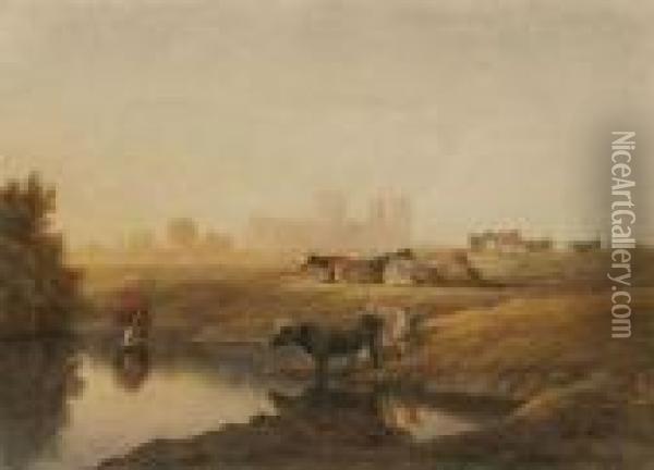 Cattle In Water Meadows With York Minster In The Distance Oil Painting - John Glover