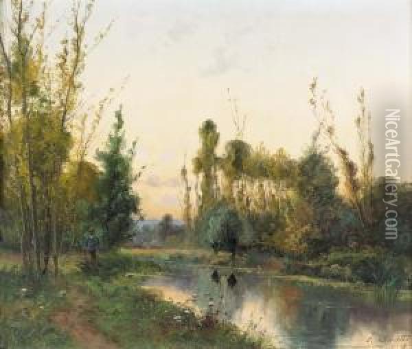 Flusslandschaft Am Abend. Oil Painting - Pierre Ernest Ballue