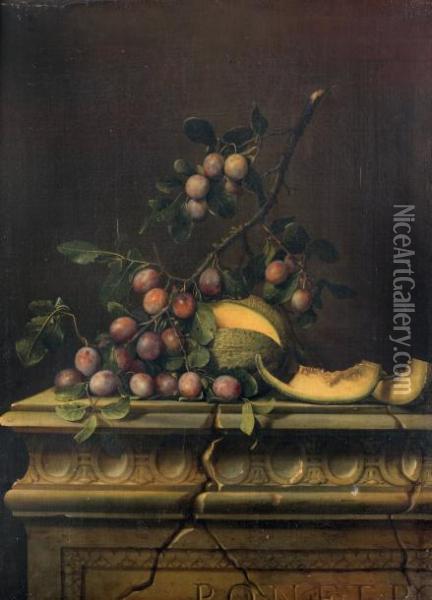 Nature Morte Aux Prunes Et Melon Sur Unentablement De Marbre Oil Painting - Pierre Dupuis