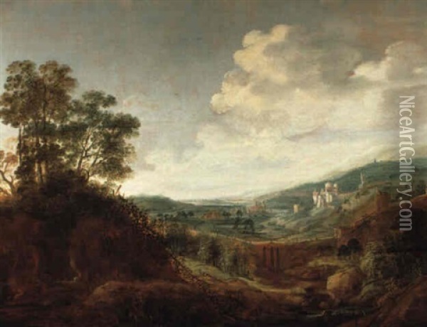 Weite Landschaft Mit Einer Burg Und Einem Dorf Oil Painting - Jacob De Villeers