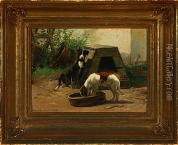 Hvalpe I Hundegaard Oil Painting - Simon Simonsen