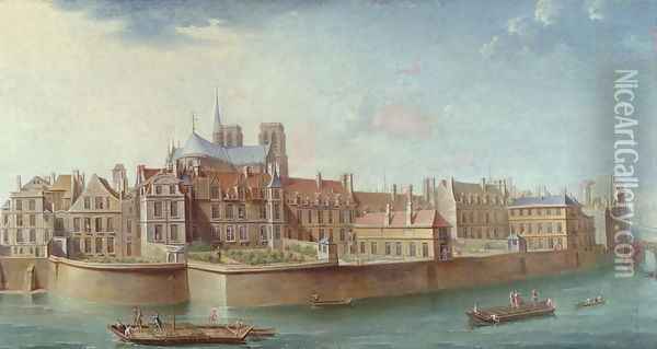 View of the Ile de la Cite from Ile St. Louis, Paris Oil Painting - Nicolas Raguenet