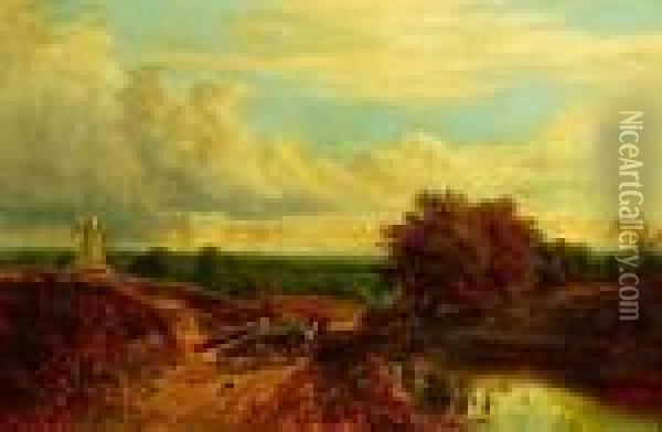 Driver With Horse Cart And Dog On A Road Near A Pond With Distant Windmill Oil Painting - Alfred Augustus Glendening