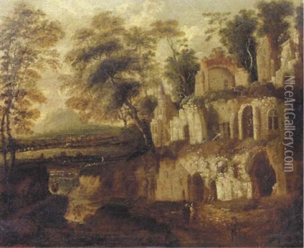 An Italianate Landscape With Figures Resting Near An Overgrown Ruin, A River And Town In The Distance Oil Painting - Bartholomeus Breenbergh