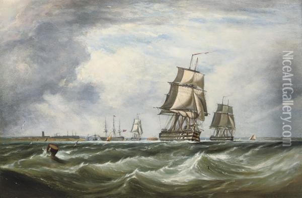 A Royal Naval Squadron Running Out Of Portsmouth Oil Painting - Ebenezer Colls