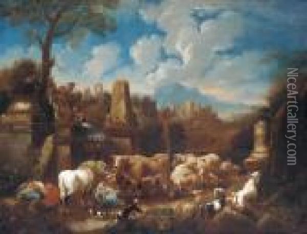 An Italianate Landscape With A Peasant Family Resting With Cattleand Sheep Amongst Ruins Oil Painting - Johan Heinrich Roos