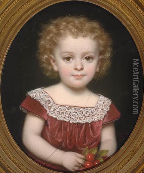 Portrait Of A Girl In An Oval Oil Painting - Louis Eugene Coedes