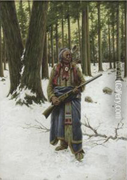 Indian With A Gun Oil Painting - John Hauser