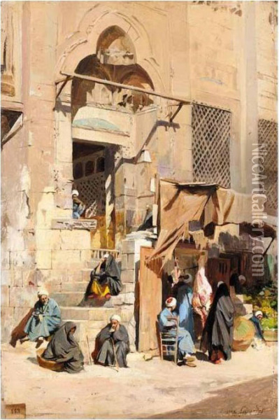 Sorti De La Mosque D'el Assar, Cairo Oil Painting - Eugene-Alexis Girardet
