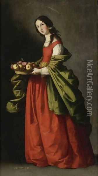 Saint Dorothy, Full-Length, Holding A Basket Of Apples And Roses Oil Painting - Francisco De Zurbaran