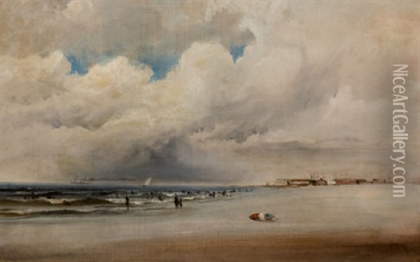 Beach Scene With Dramatic Sky Oil Painting - James Hamilton