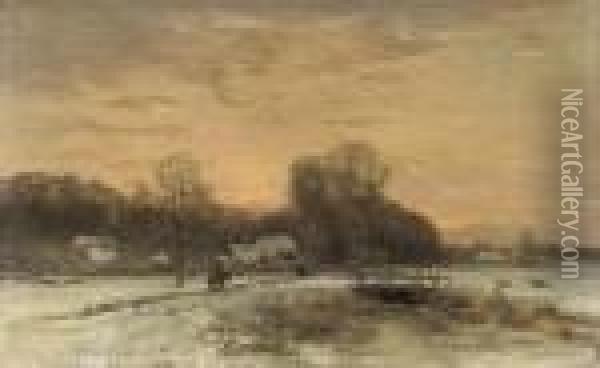 Avondstemming: A Farm At Dusk In Winter Oil Painting - Louis Apol