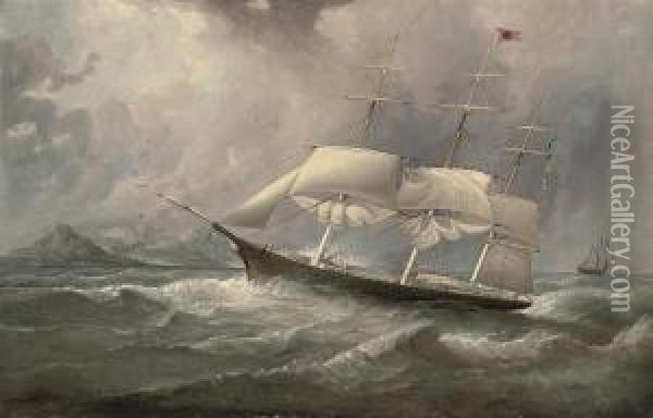 The Black Ball Clipper 
Ocean Chief 
 On Her Australian Run With The Crew Aloft Reefing-down The Sails Oil Painting - Duncan Mcfarlane