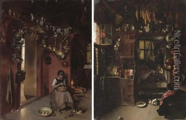 Peeling Potatoes; And Mother's Little Helper Oil Painting - Alois Josef Benedicter