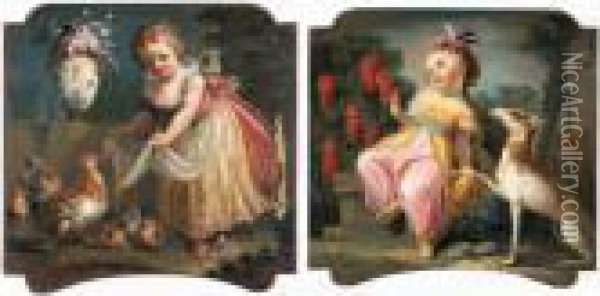 Una Fanciulla Con Gallina E 
Pulcini In Un Paesaggio; Una Fanciulla Con Cagnolino In Un Paesaggio Oil Painting - Michele Antonio Rapous