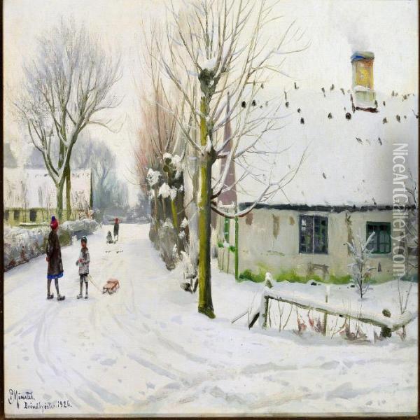 Winter Day In The Village With Children On A Snowy Road Oil Painting - Peder Mork Monsted