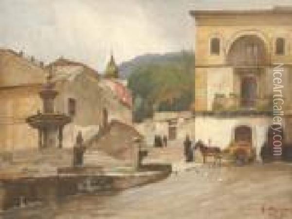 Taormina - Piazza Del
 Duomo. Oil Painting - Georg Macco