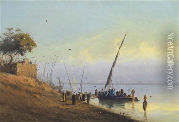 Boarding A Felucca On The Nile Oil Painting - Spyridon Scarvelli