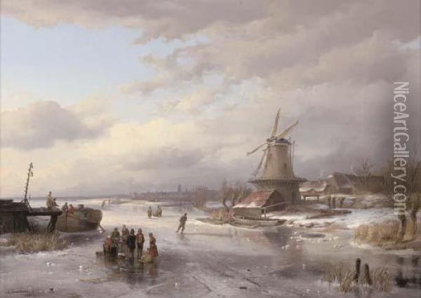 Refreshments On A Frozen Dutch Waterway Oil Painting - Anton Braakman