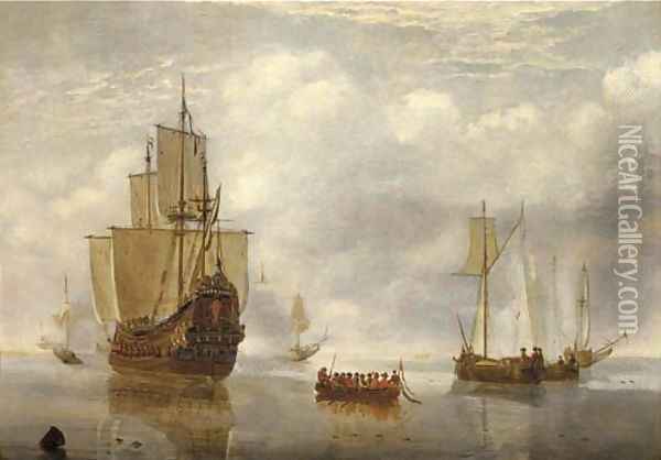 A States Yacht firing a salute at a departing barge, with other shipping in a calm Oil Painting - Hendrick Dubbels