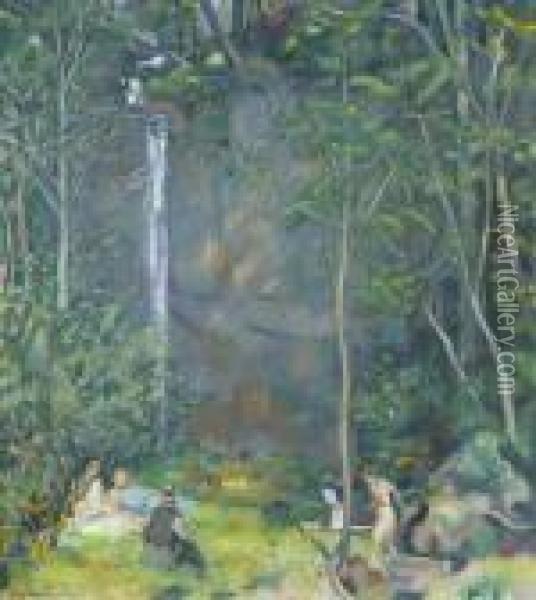 Waldlichtung Mit Wasserfall Und Rastender Gesellschaft Oil Painting - Emil Cardinaux